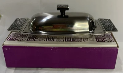 Plato de mantequilla de terciopelo de acero inoxidable Stanley Roberts de colección con inserto de vidrio MCM NOS Foto 1 de 4