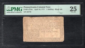 PA-213a APRIL 10, 1777 1s ONE SHILLING PENNSYLVANIA COLONIAL NOTE PMG VF-25 - Picture 1 of 2