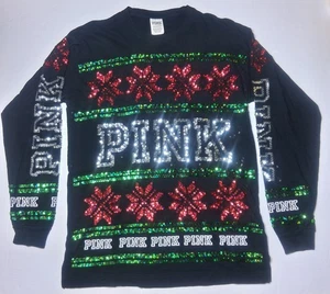 Victoria’s Secret PINK Glitzer Pailletten Logo Top XS schwarz Y2K Urlaub Weihnachten Vorbereitung - Bild 1 von 9