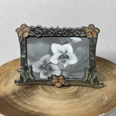 Glitter Enamel On Metal Pewter Flowers & Butterflies Sisters Picture Frame 5x3.5 - Image 1 of 4
