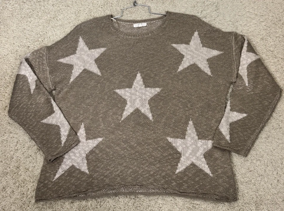 Pulôver cavalete bege bronzeado tamanho grande boxy cropped estrela suéter tamanho P bordas enroladas - Imagem 1 de 4