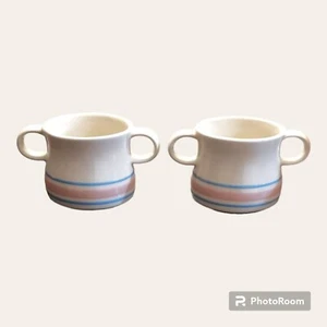McCoy Suppentasse blau rosa Streifen Keramik #7109 2 Henkel 2er Set Stein Handarbeit Vintage - Bild 1 von 16