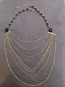 Costume Jewelry Black leather, 2 amethyst beads w/ 7 Gold Tone Chain Necklace - Picture 1 of 5