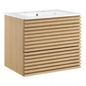 Modway Render 24.5" MDF Wood Wall-Mount Bathroom Vanity in Oak/White - Picture 1 of 4