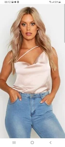 Boohoo champagne satin cowl cami top black size 18 - Picture 1 of 6