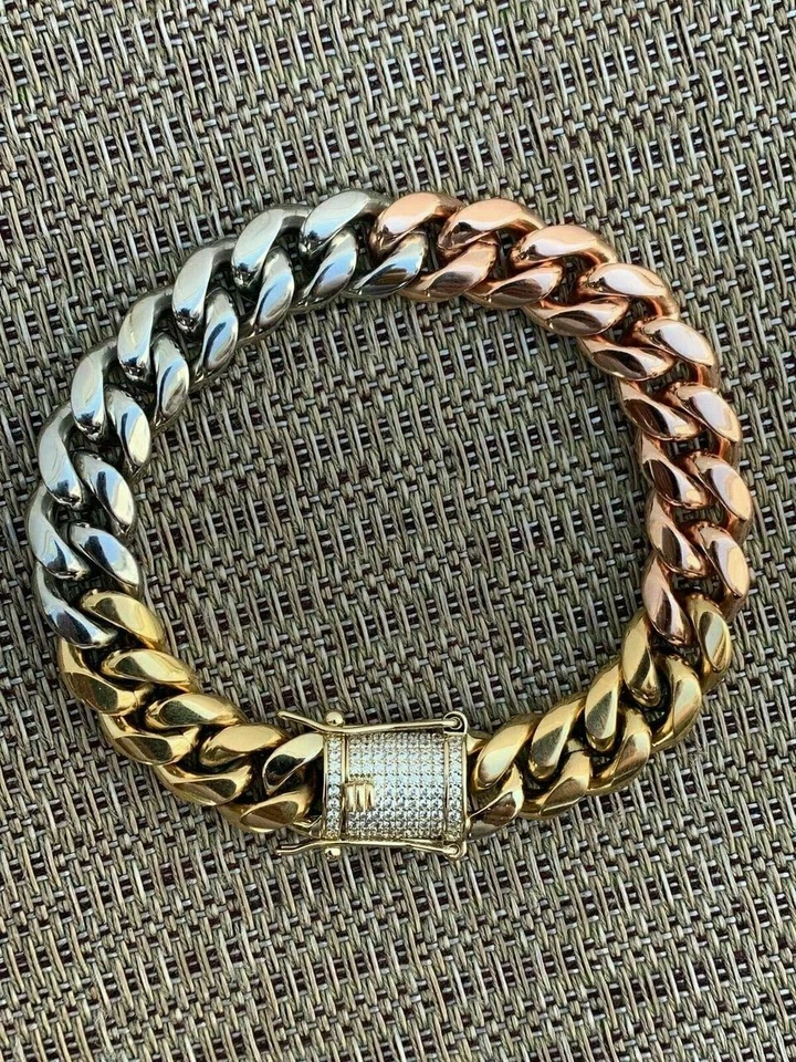 Pulseira masculina Miami Cuban Link 12 mm banhada a ouro tricolor fecho SS gelado CZ - Imagem 1 de 4