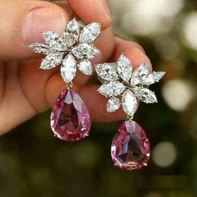 Orecchini pendenti goccia tormalina rosa laboratorio pera argento 925 gioiell... - Immagine 1 di 4