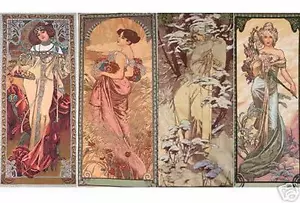 VIER JAHRESZEITEN Alhonse Mucha Kunst Wandteppich Set passende Portieres je 19"x45" - Bild 1 von 1