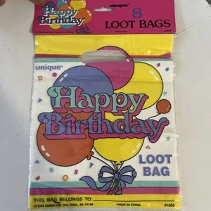 VINTAGE UNIQUE 1988 Happy Birthday Party Favors 8 LOOT BAGS NEW SEALED GIRLS - Picture 1 of 12