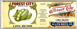 Forest City Brand Lima Beans Paper Can Label Allen Bros. Omaha c1910's VGC - Picture 1 of 2