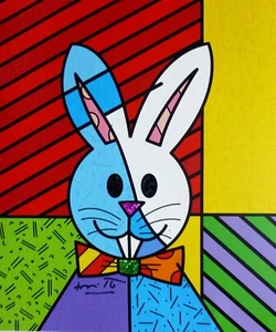 ROMERO BRITTO Cool Easter Bunny 2021 HAND SIGNED on Canvas Brazilian Artist - Picture 1 of 5