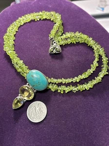 Sterling Silver Two Strand Bead And Turquoise Peridot Pendant 17” - Picture 1 of 9