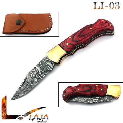 Cuchillo plegable de latón de acero damasco de 6,5"" de madera de camarón con bloqueo trasero LI-03 Foto 1 de 2