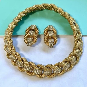 Vintage CINER Gold Tone Rhinestone Statement Collar Necklace & Earrings Set PLUS - Picture 1 of 12