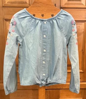 Girl's Carter Kids Blue Chambray Peasant Top Embroidered Sleeve Buttons 6-6x - Image 1 of 4