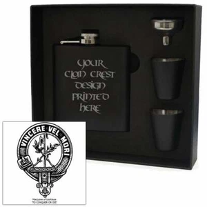 Art Pewter MacLaine (of Lochbuie) Clan Crest Black 6oz Hip Flask Set HF6 B S-C69 - Picture 1 of 3