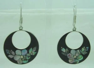 LOVELY LARGE ESTATE TAXCO ONYX & ABALONE INLAY STERLING SILVER EARRINGS 2 & 1/8" - Bild 1 von 7