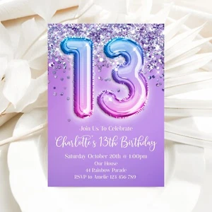 YOU PRINT, 13th Birthday Girl Personalised Digital Printable Glitter Invitation - Picture 1 of 2