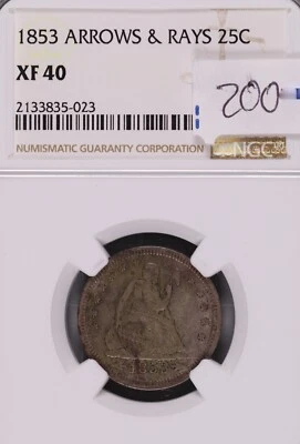 1853 Seated Liberty Silver Quarter Arrows & Rays NGC XF-40 #5-023 - Image 1 of 2