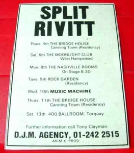 Split Rivitt UK Tour Vintage ORIG 1979 Press/Magazine ADVERT 5"x 3.5" Pub Rock - Imagen 1 de 3
