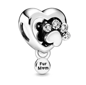925 Sterling Silber Funkelnder Pfotenabdruck & Herz Mama Charm für Damen Armband - Bild 1 von 1