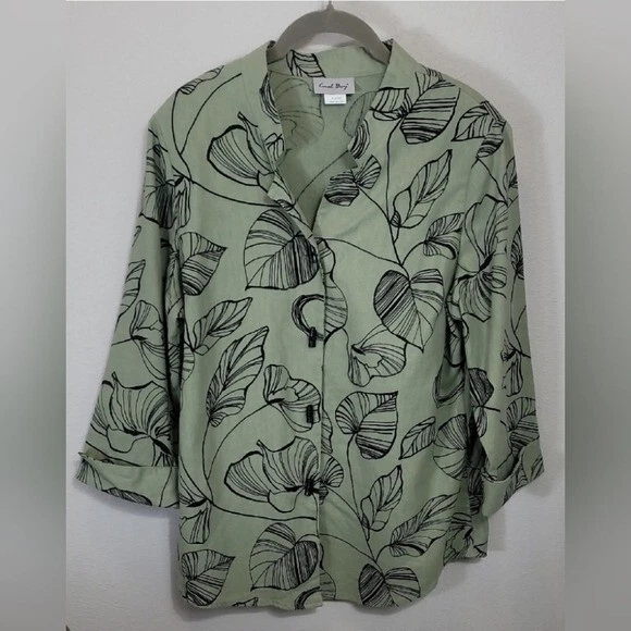 Vintage Coral Bay Women Linen Tropical Top Size XL Green Toggle Button Artsy - Image 1 of 4