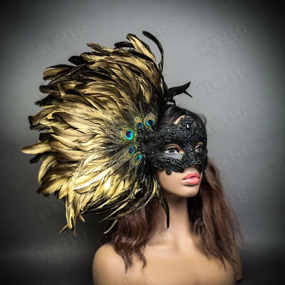 Gold Feather Mask Masquerade Women Venice Carnival Mardi Gras Black Laces Mask - Image 1 of 4