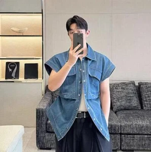 Fashion Mens New Loose sleeve Denim Punk Short Single-breasted Sleeveless Jacket - Picture 1 of 7