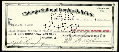 Hippo Vaughn PSA ADN certificado de autenticidad firmado 1917 Chicago Cubs cheque autografiado Foto 1 de 2