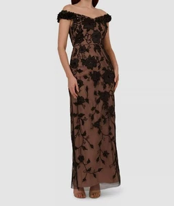 Adrianna Papell Women's Black Beaded Off-The-Shoulder Gown Dress Size 14 - Picture 1 of 2