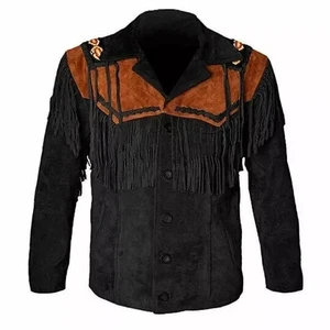 Chaqueta de vaquero con flecos de gamuza para hombre - Abrigo de cuero con cuentas nativo americano occidental - Imagen 1 de 4