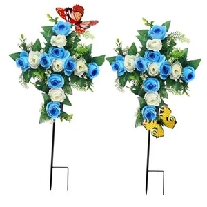 Artificial Cemetery Flowers,Set of 2 Faux Floral Cross,Artificial Rose Bouquet - Picture 1 of 6
