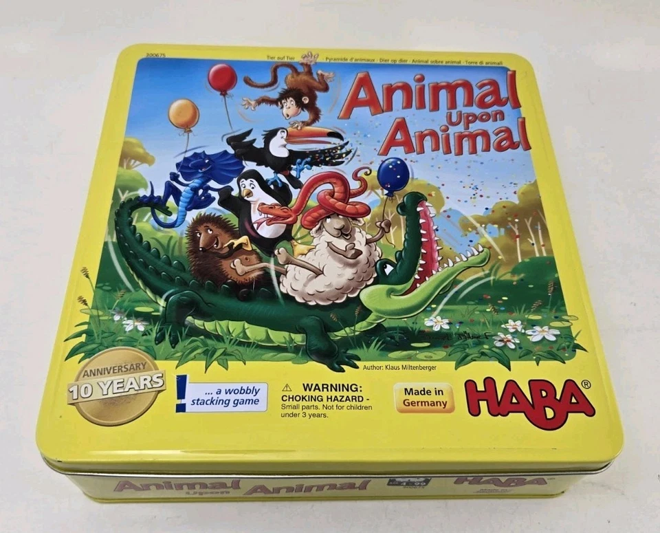 HABA Animal Upon Animal Wooden Stacking Board Game 10th Anniversary Tin Complete - Image 1 of 4