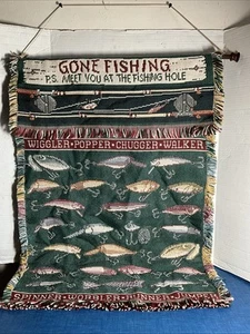 American Weavers Fishing Trout Lure Hanging Tapestry Gone Fishing USA Vintage - Picture 1 of 14
