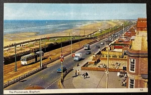 1976 Bispham Blackpool Promenade Old Cars & Tram, Colour Image Vintage Postcard - Picture 1 of 2