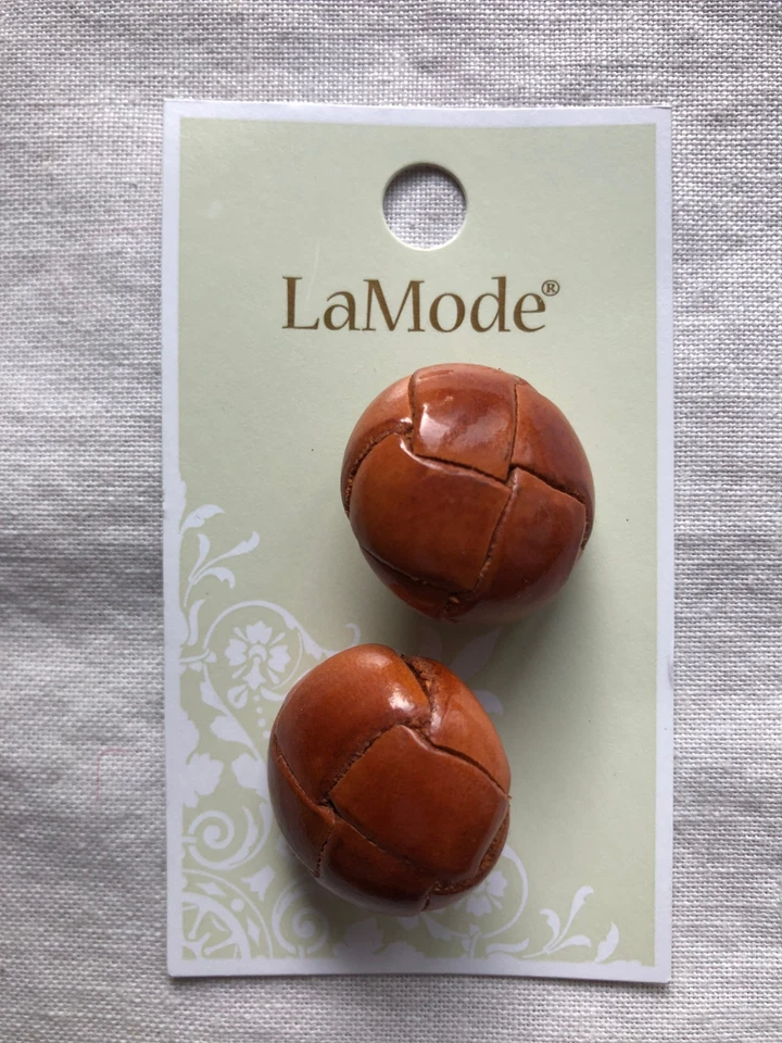 Set of 2 Brown Leather Covered Round Buttons 7/8" wide by La Mode - Shank - Image 1 of 1