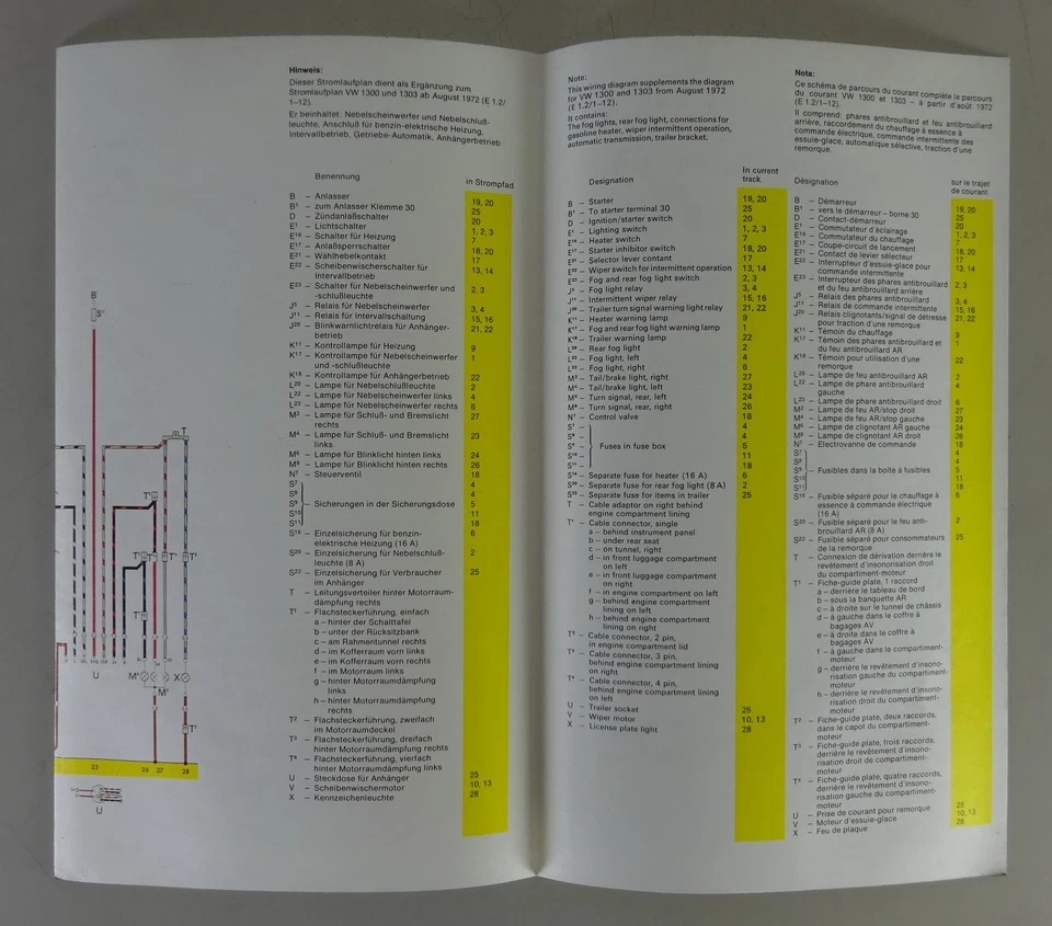 Schema Elettrico / Schema Aggiuntivo VW Maggiolino 1303 & 1300 Anno Modello 1973 - Immagine 1 di 1