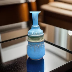 Antique BLUE OPALINE Victorian SATIN GLASS Hand Painted Vase ART NOUVEAU Bristol - Picture 1 of 5