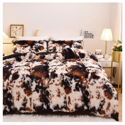 Juego de cama ultra suave con estampado de vaca: funda nórdica peluda y fundas de almohada para tamaño completo Foto 1 de 4