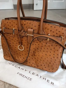 Fabulous Tuscany Leather Handbag In Ostrich-Print Cognac with dustbag - Foto 1 di 18