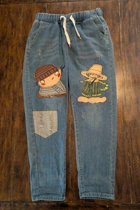 Patchwork Denim Jeans Sz 29 Streetwear Cute Distressed Drawstring Pants - Picture 1 of 9