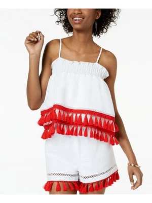 XOXO Womens White Smocked Tassel Trim Sleeveless Square Neck Crop Top L - Image 1 of 4