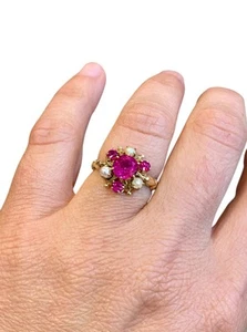 Vintage 10k massiver Gelbgold Perle & rosa Steine Cocktail Ring 2,85g Größe 6,25 - Bild 1 von 12