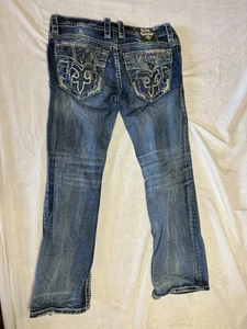 Rock Revival Men Sz 34 X 30 Blue Jeans Boyce Boot Cut Studded Denim Distressed - Picture 1 of 10