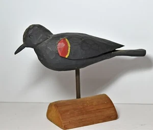 Vtg Harry H V Shourds 1982 Carved Wooden Red Winged Black Bird Decoy Signed - Picture 1 of 12