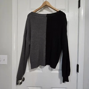 Colorblock Acrylic Knit Half and Half V Neck Balloon Sleeve Sweater L - Picture 1 of 11