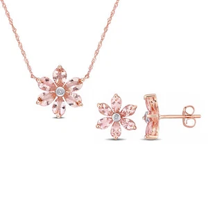 Amour 10K Rose Gold Morganite & Diamond Accent Floral Earrings & Necklace Set - Picture 1 of 6