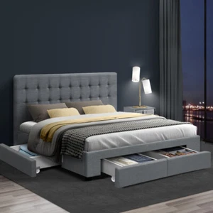 Fabric Bed Frame Storage Drawer Queen Size Mattress Base Platform With Headboard - Picture 1 of 8