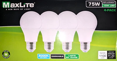 MaxLite LED Light Bulbs 4pack – 75W Equivalent (10W) – 5000K Daylight - Image 1 of 3