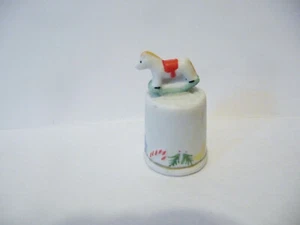 THIMBLE VINTAGE BISQUE ENESCO CHRISTMAS ROCKING HORSE TOP W/BAND OF PINE & MORE - Picture 1 of 5